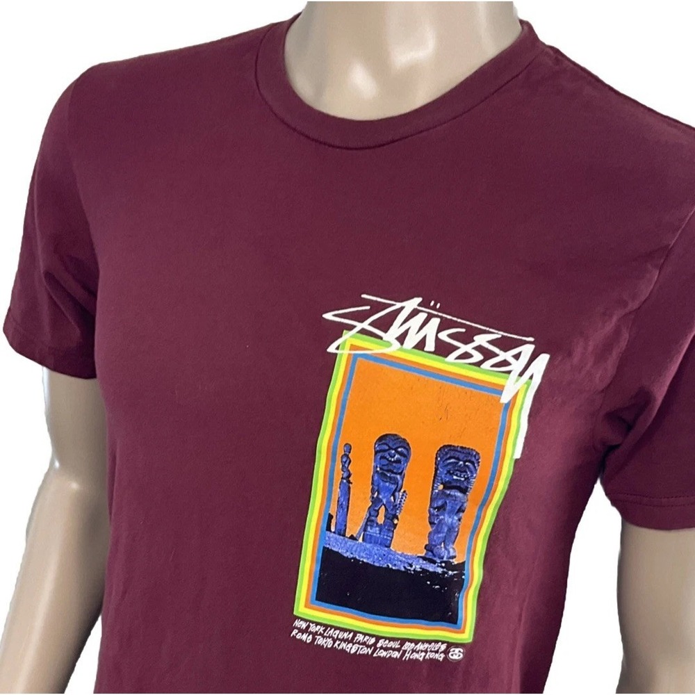 Stussy Mens S Graphic T-Shirt Burgundy Maroon Tiki Mask Short Sleeve‎ Crewneck